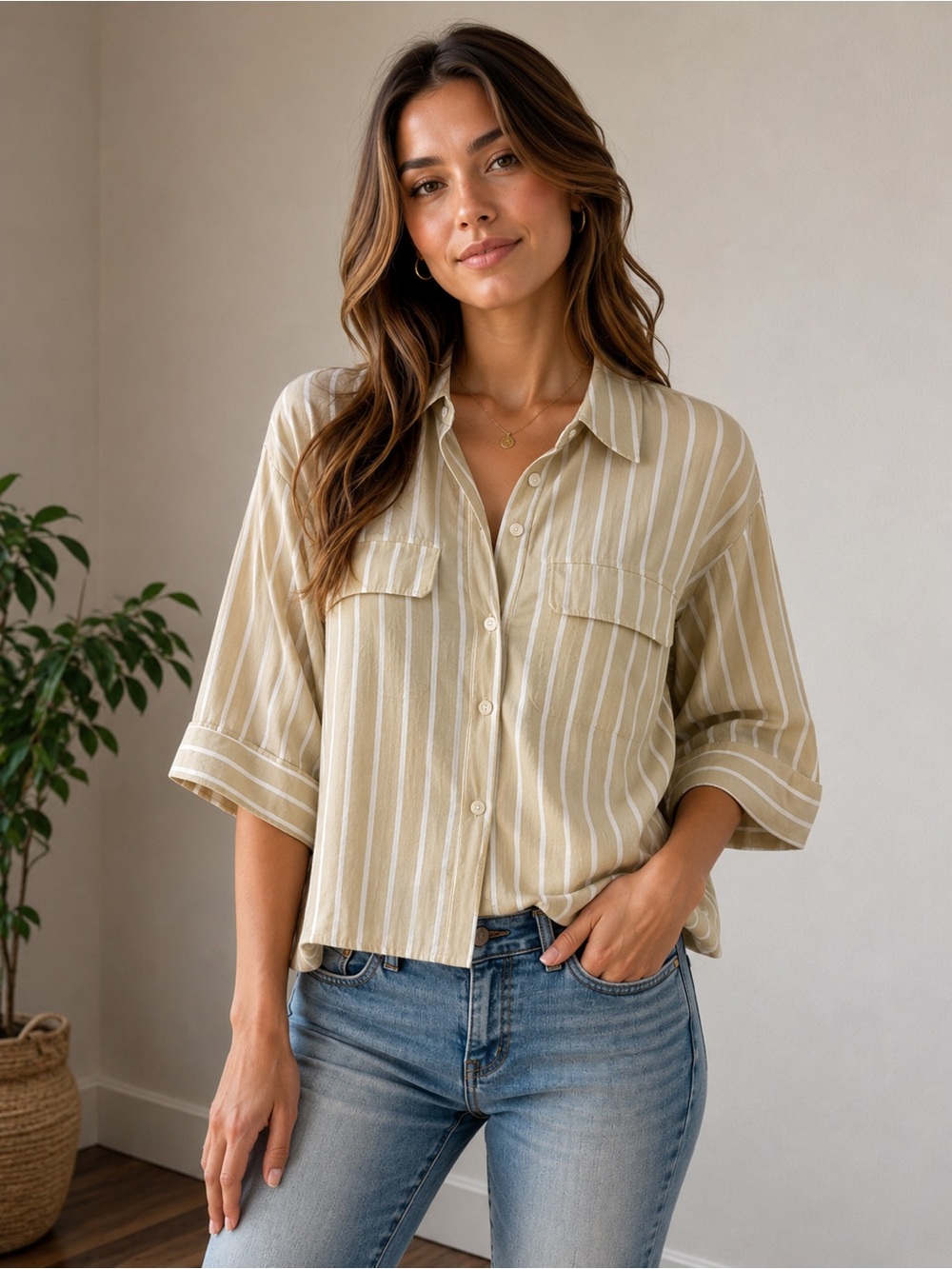 Zara Beige & White Striped Button-Down Shirt